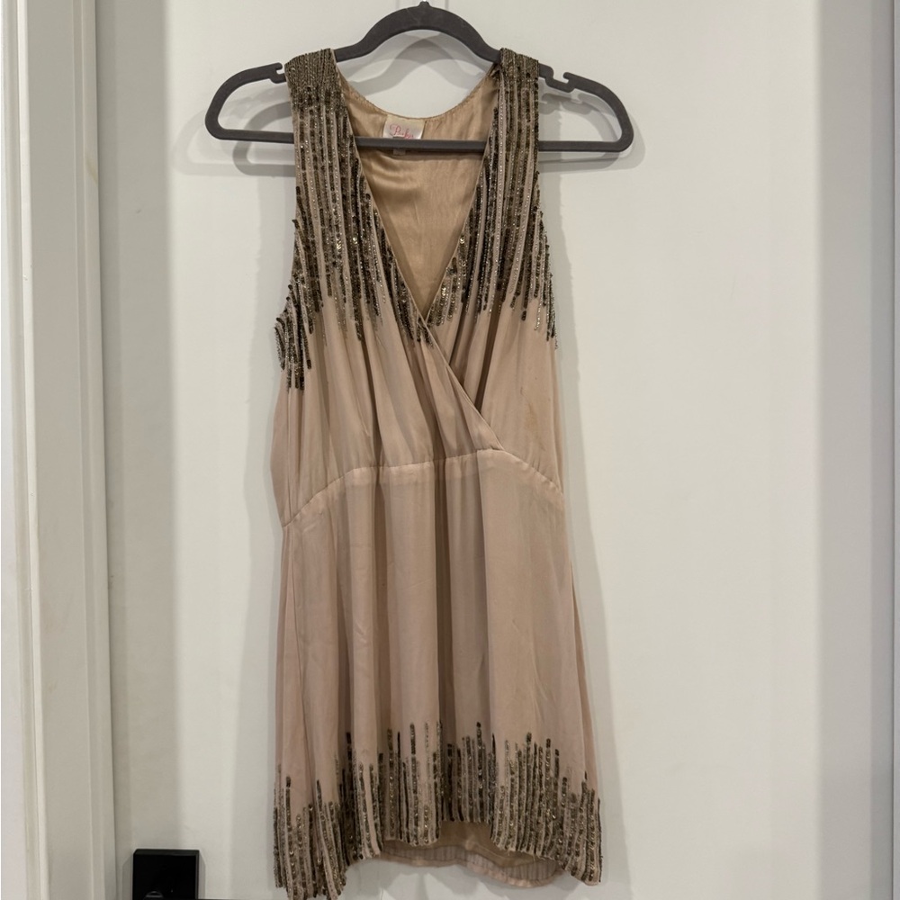 Beige Sleeveless Dress with Sequin Details